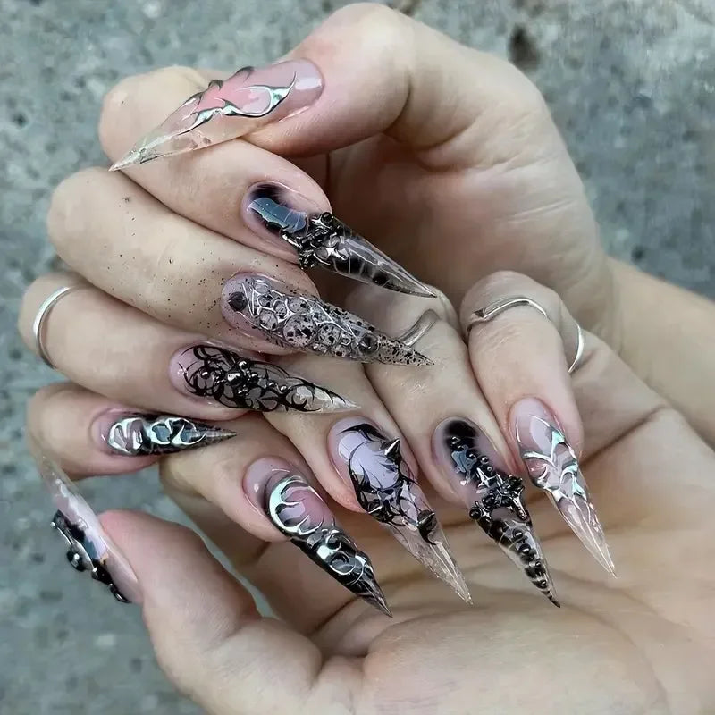 24Pcs French Almond False Nails Glitter with Rhinestones Wearable Fake Nails Artificial Simple Full Cover Press on Nails Tips