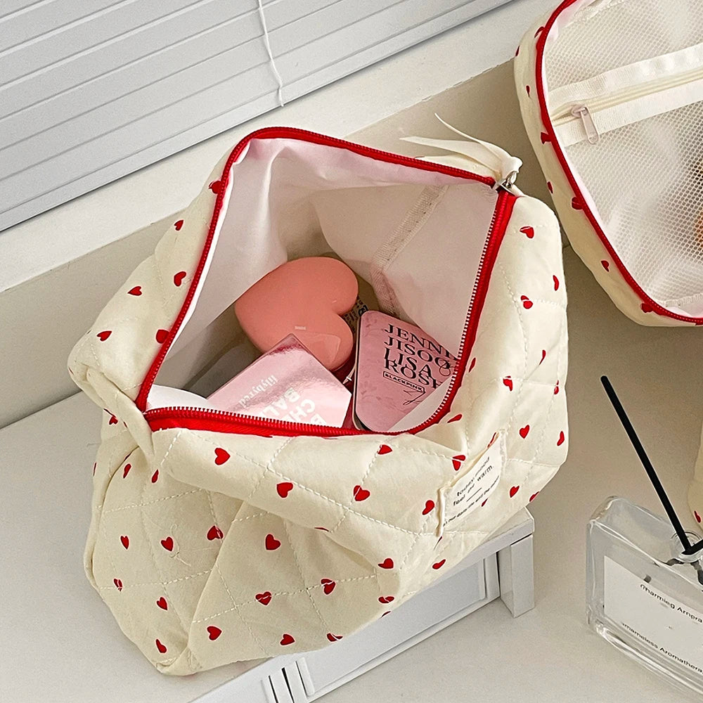 Fashion Ins Heart Women Quilting Makeup Bag Large Capacity Toiletry Cosmetic Storage Pouch Handbag Ladies Zipper Makeup Bag