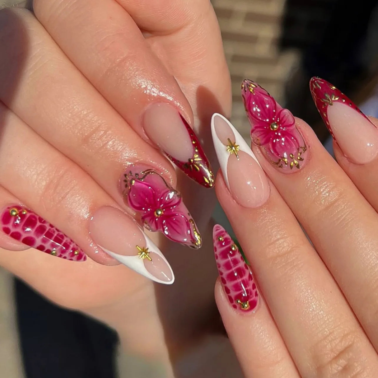 24pcs Pink Flower Almond Press on Nails Kawaii False Nails Wearable Stick-on Nails Fake Nail Uñas Postizas Накладные Ногти 네일팁