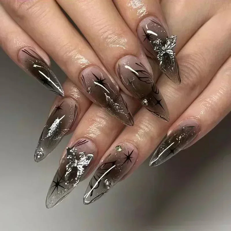 24PCS French Almond Press-On Nails – Glitter & Rhinestone Reusable Nails