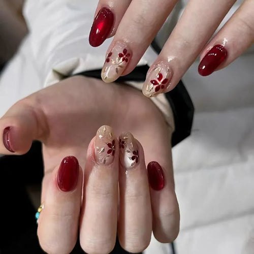 24PCS Pink Flower Almond Press-On Nails
