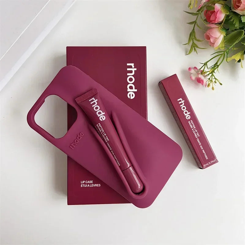 With Box Lipstick Rhod Phone Case for iPhone 16 17 Air 15 14 13 12 11 Pro Max 6 7 8 Plus Makeup Lip Gloss Holder Silicone Cover