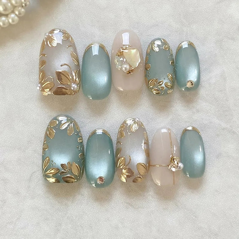 24PCS Pink Flower Almond Press-On Nails