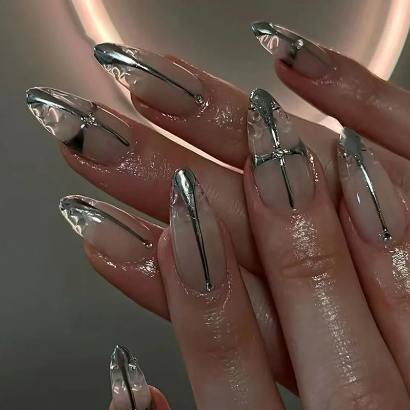 24Pcs Dark Press on Fake Nails with Black Glitter 3D Metallic Designs Sweet Cool Almond False Nails Detachable Nails Spice Girls