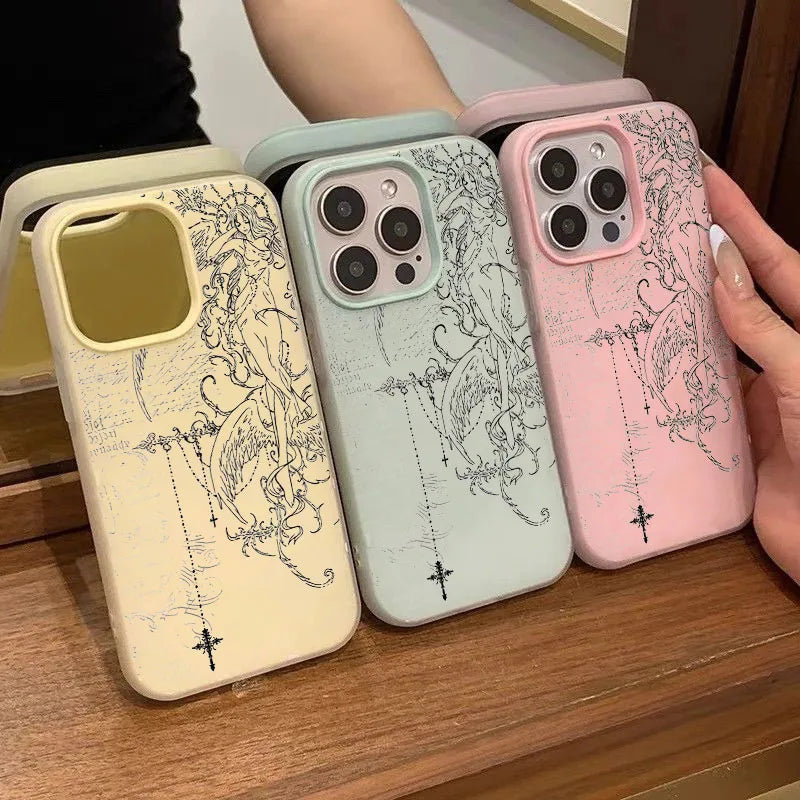 Gothic Style Angel Cross Line Drawing Phone Case For iPhone 11 12 13 14 15 16 17 Pro Max XS X XR 16E 17Pro 17Air 7 8 Plus Cover