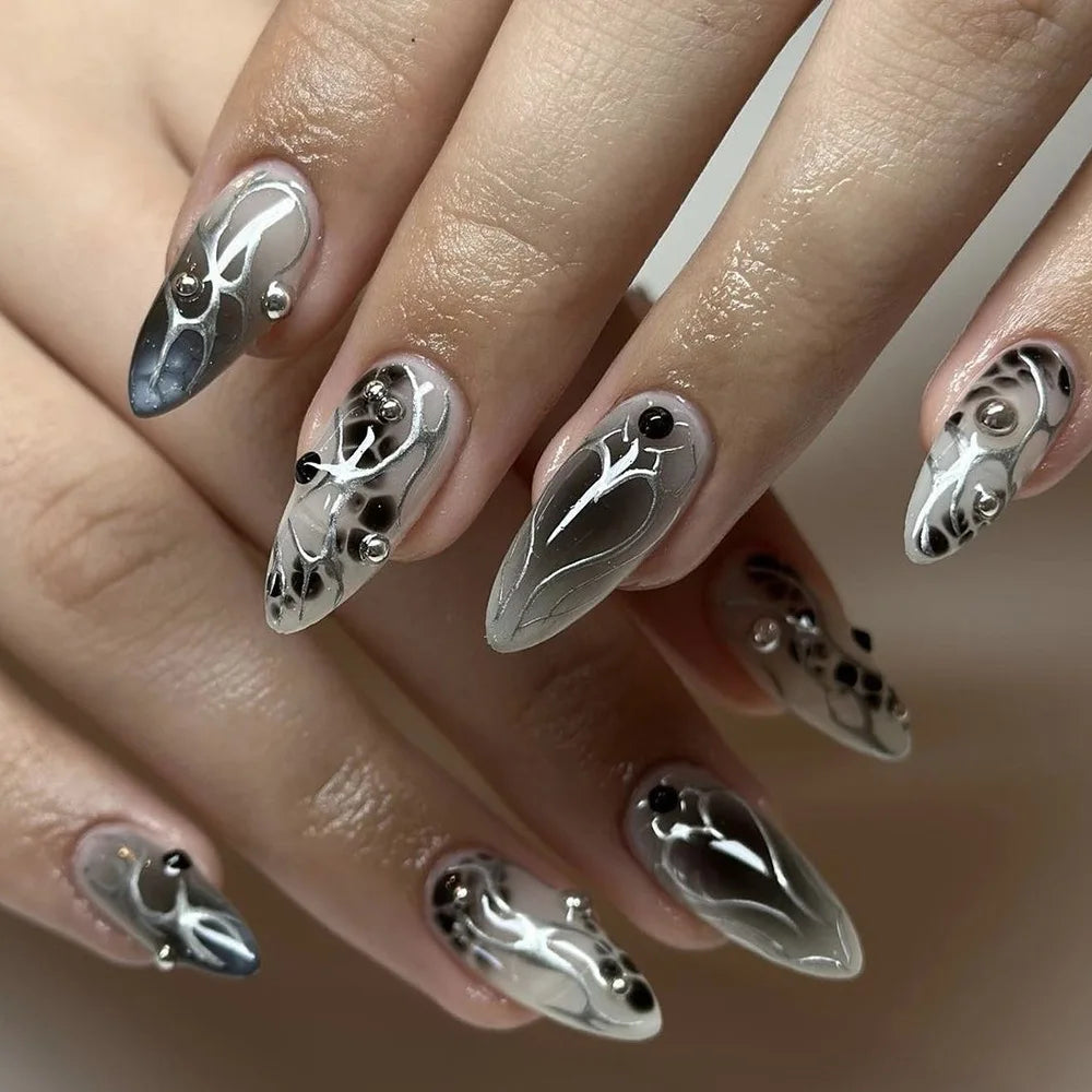24PCS Black Glitter Press-On Nails – 3D Metallic Almond Reusable Nails