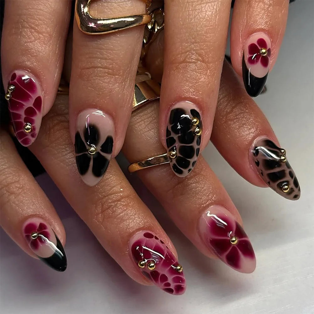 24Pcs Dark Press on Fake Nails with Black Glitter 3D Metallic Designs Sweet Cool Almond False Nails Detachable Nails Spice Girls