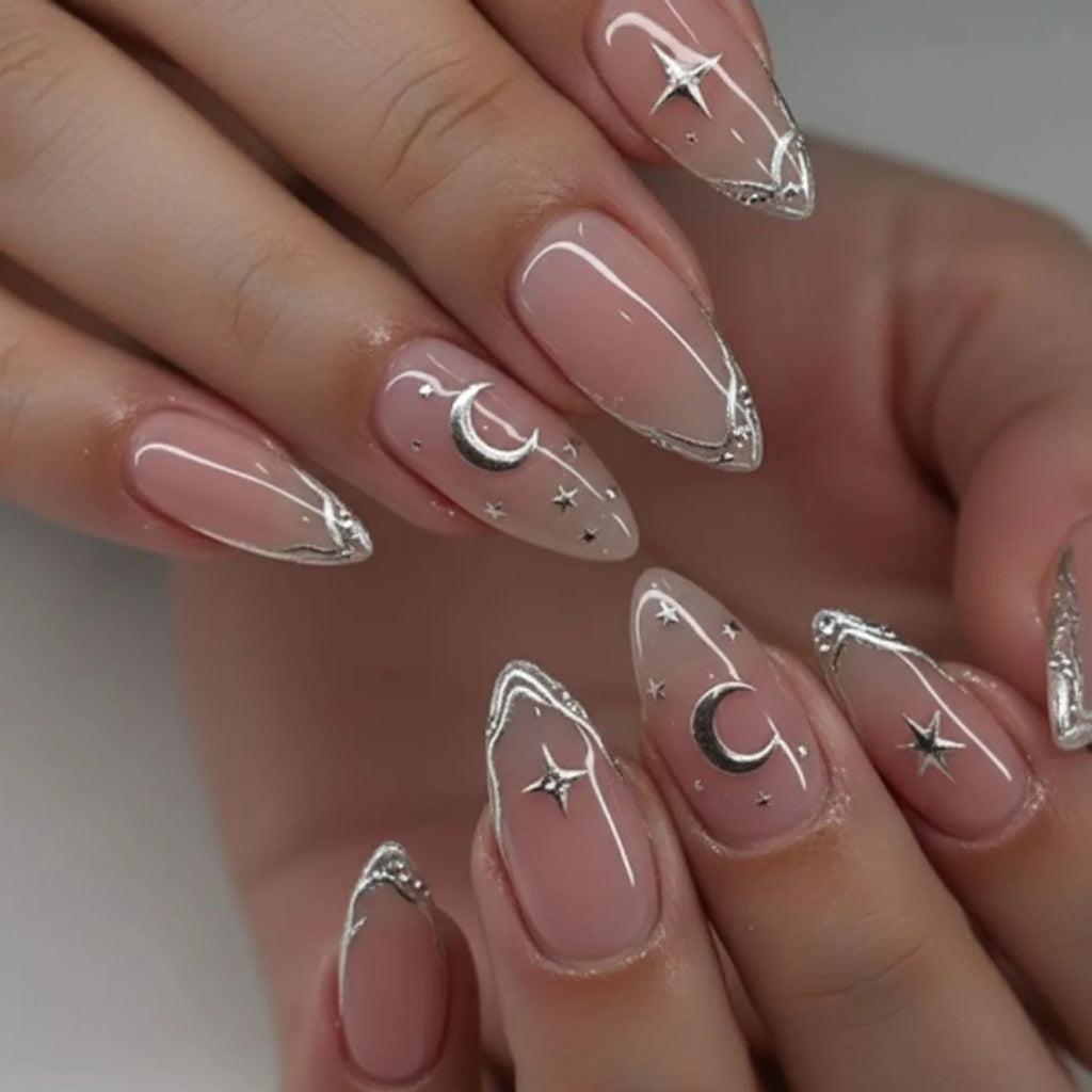 24Pcs French Almond False Nails Glitter with Rhinestones Wearable Fake Nails Artificial Simple Full Cover Press on Nails Tips