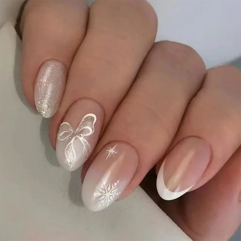 24pcs Wearable Bow Design Press on Nails Simple Pearl Starlight Short Almond False Nails Tips Finished Cat's Eye Fake Nail Sets