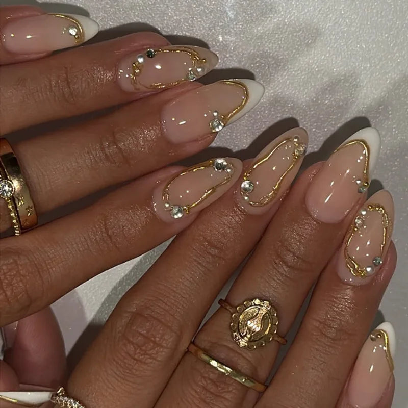 24Pcs French Almond False Nails Glitter with Rhinestones Wearable Fake Nails Artificial Simple Full Cover Press on Nails Tips