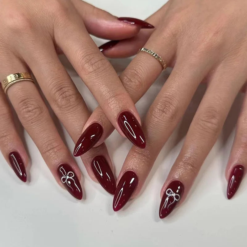 24pcs Wearable Bow Design Press on Nails Simple Pearl Starlight Short Almond False Nails Tips Finished Cat's Eye Fake Nail Sets