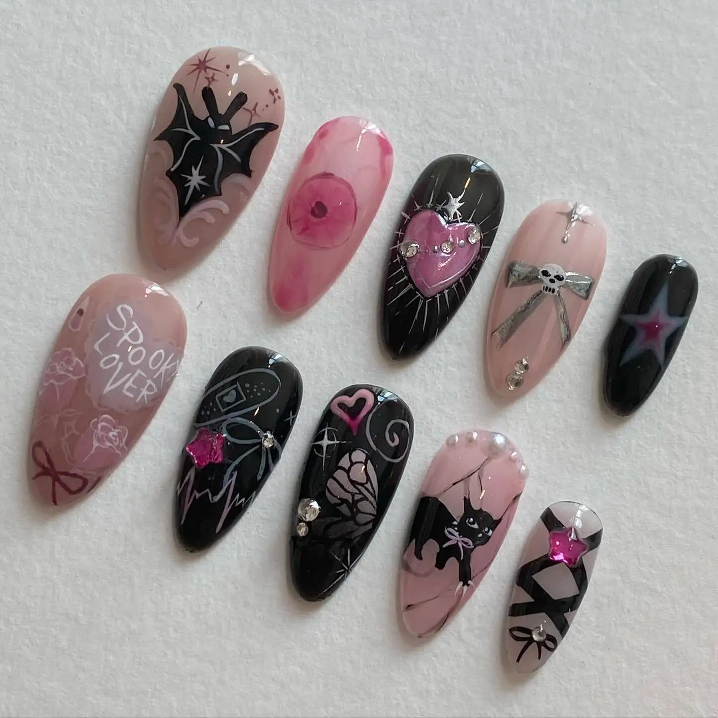 24PCS Black Glitter Press-On Nails – 3D Metallic Almond Reusable Nails