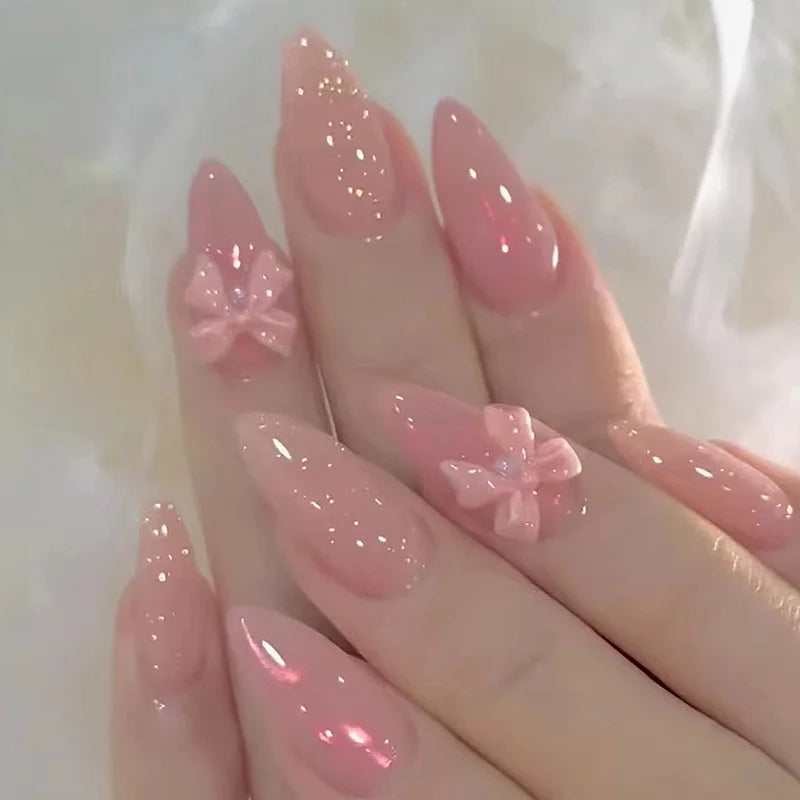 24pcs Wearable Bow Design Press on Nails Simple Pearl Starlight Short Almond False Nails Tips Finished Cat's Eye Fake Nail Sets
