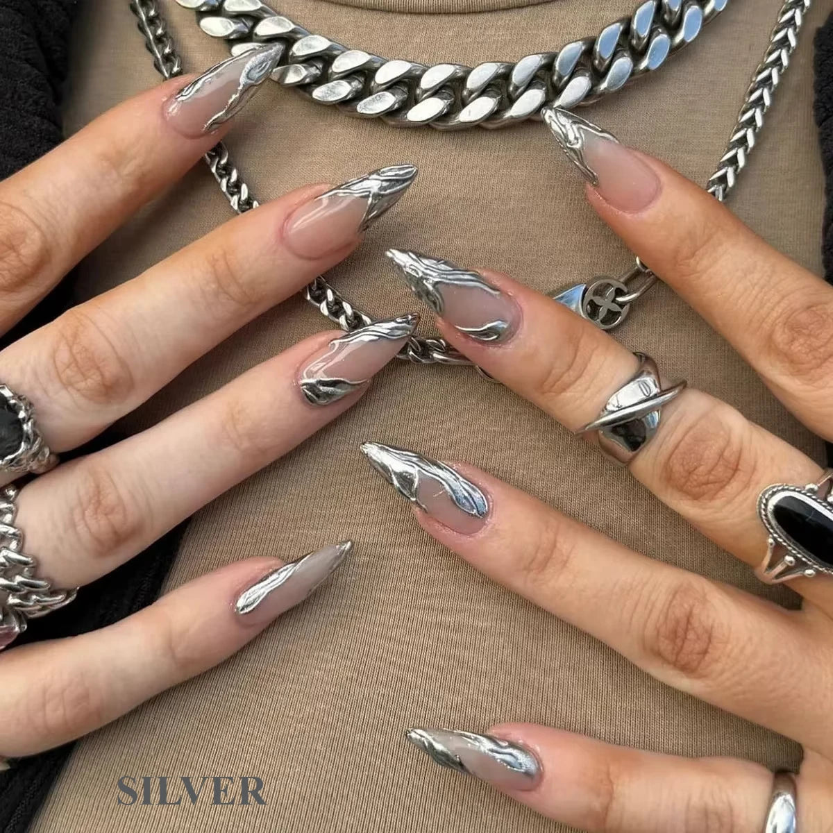 24PCS French Almond Press-On Nails – Glitter Rhinestone Full Cover Set