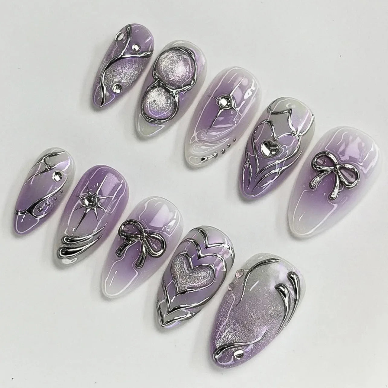 24Pcs French Almond False Nails Glitter with Rhinestones Wearable Fake Nails Artificial Simple Full Cover Press on Nails Tips