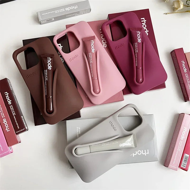 With Box Lipstick Rhod Phone Case for iPhone 16 17 Air 15 14 13 12 11 Pro Max 6 7 8 Plus Makeup Lip Gloss Holder Silicone Cover