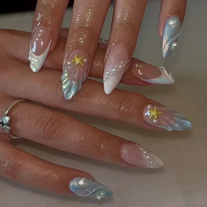 24Pcs French Almond False Nails Glitter with Rhinestones Wearable Fake Nails Artificial Simple Full Cover Press on Nails Tips