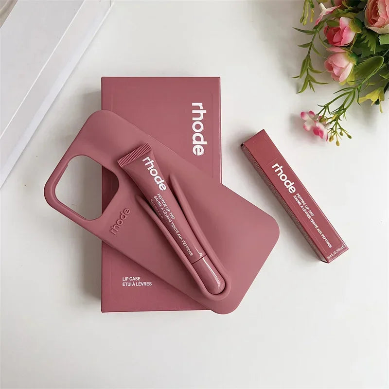 With Box Lipstick Rhod Phone Case for iPhone 16 17 Air 15 14 13 12 11 Pro Max 6 7 8 Plus Makeup Lip Gloss Holder Silicone Cover