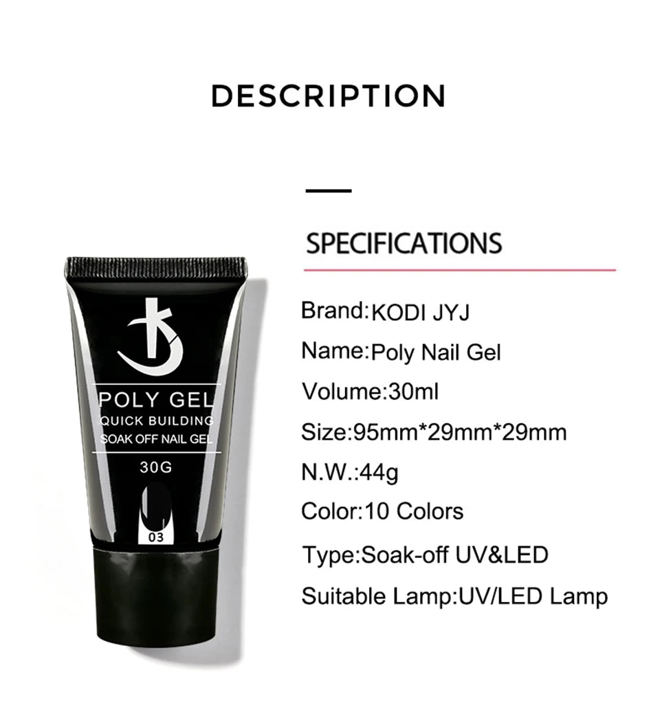 KODI JYJ Latest Poly Nail Gel 30ml Semi-permanent Gel for Extension Acrylic Gel Nail Polishes Manicure uv Builder Hybrid Gellac