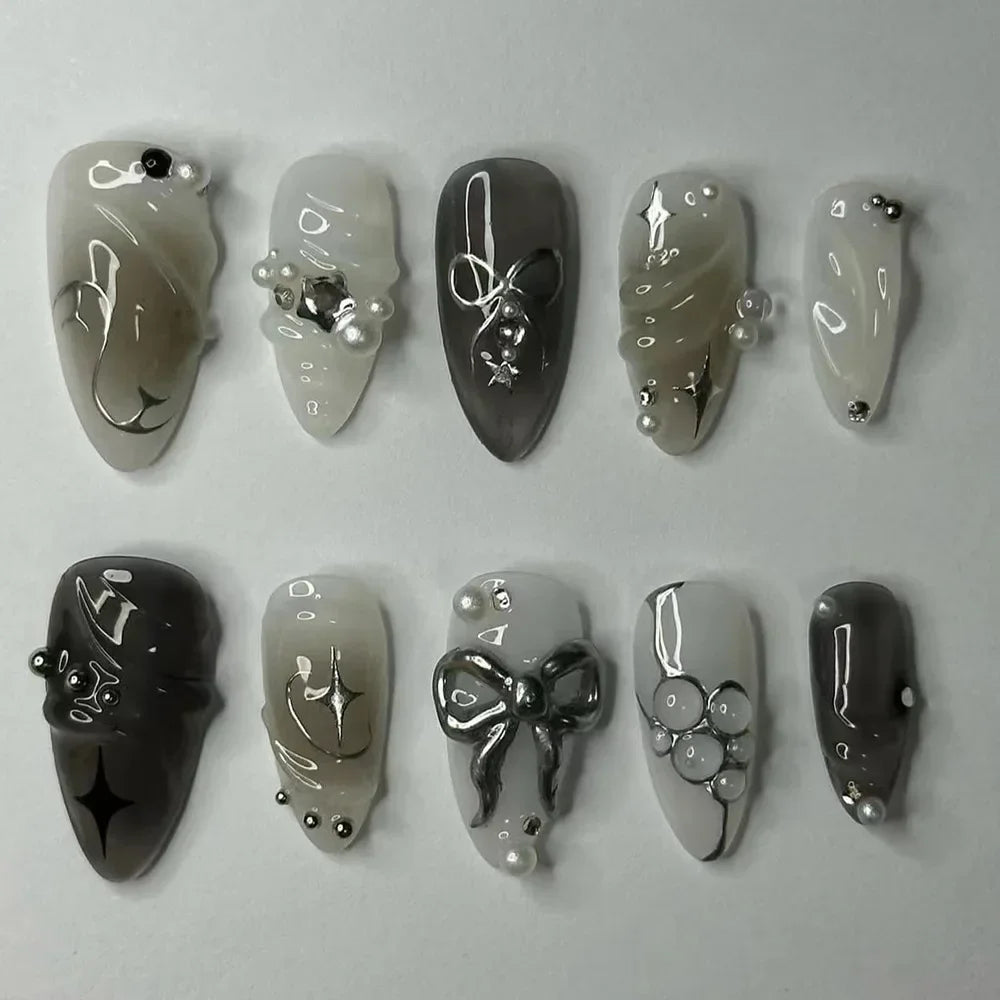 24Pcs French Almond False Nails Glitter with Rhinestones Wearable Fake Nails Artificial Simple Full Cover Press on Nails Tips