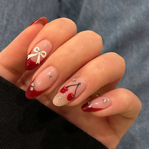 24pcs Wearable Bow Design Press on Nails Simple Pearl Starlight Short Almond False Nails Tips Finished Cat's Eye Fake Nail Sets