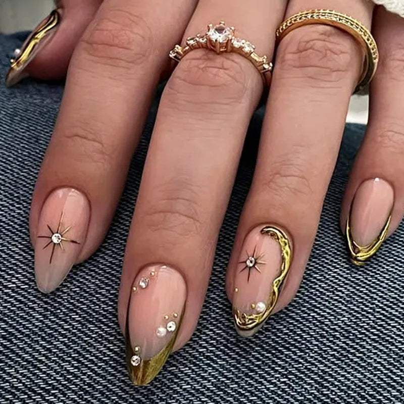 24Pcs French Almond False Nails Glitter with Rhinestones Wearable Fake Nails Artificial Simple Full Cover Press on Nails Tips