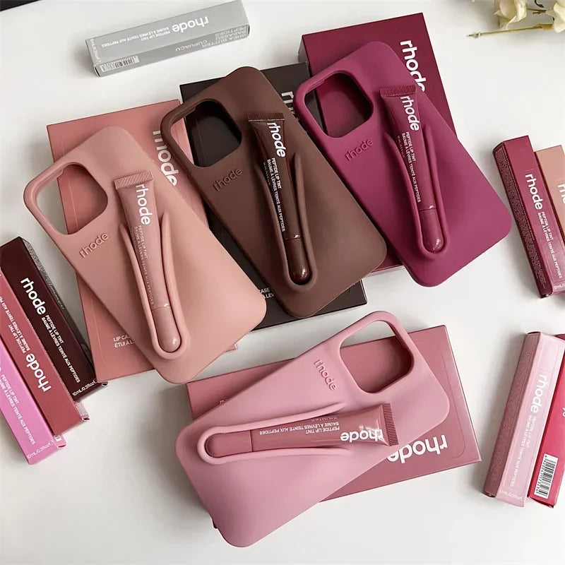 With Box Lipstick Rhod Phone Case for iPhone 16 17 Air 15 14 13 12 11 Pro Max 6 7 8 Plus Makeup Lip Gloss Holder Silicone Cover