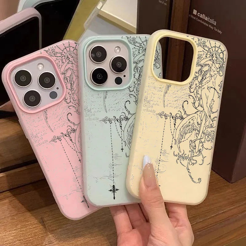 Gothic Style Angel Cross Line Drawing Phone Case For iPhone 11 12 13 14 15 16 17 Pro Max XS X XR 16E 17Pro 17Air 7 8 Plus Cover