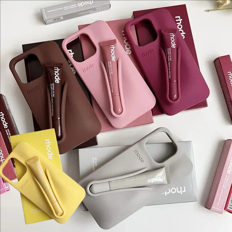 With Box Lipstick Rhod Phone Case for iPhone 16 17 Air 15 14 13 12 11 Pro Max 6 7 8 Plus Makeup Lip Gloss Holder Silicone Cover