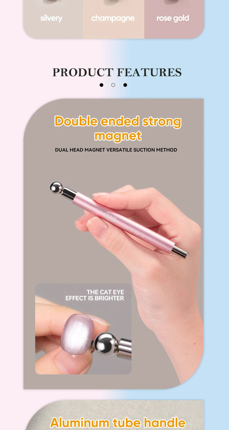 Nail Art Nail Magnetic Stick Cat Eye Magnetic Ball Aluminum Handle Cylindrical UV Gel Magnet Tools Double End Nail Design Tools