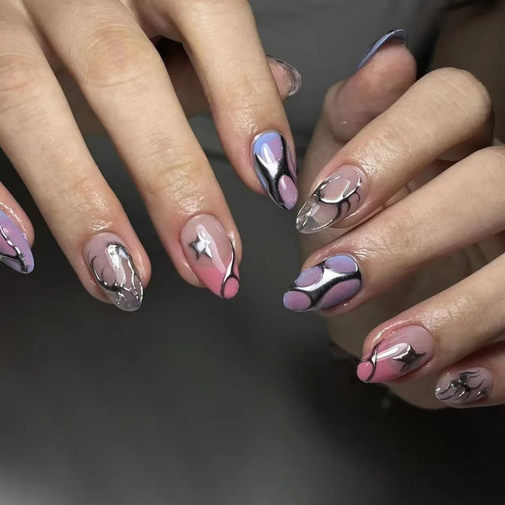 24Pcs Dark Press on Fake Nails with Black Glitter 3D Metallic Designs Sweet Cool Almond False Nails Detachable Nails Spice Girls