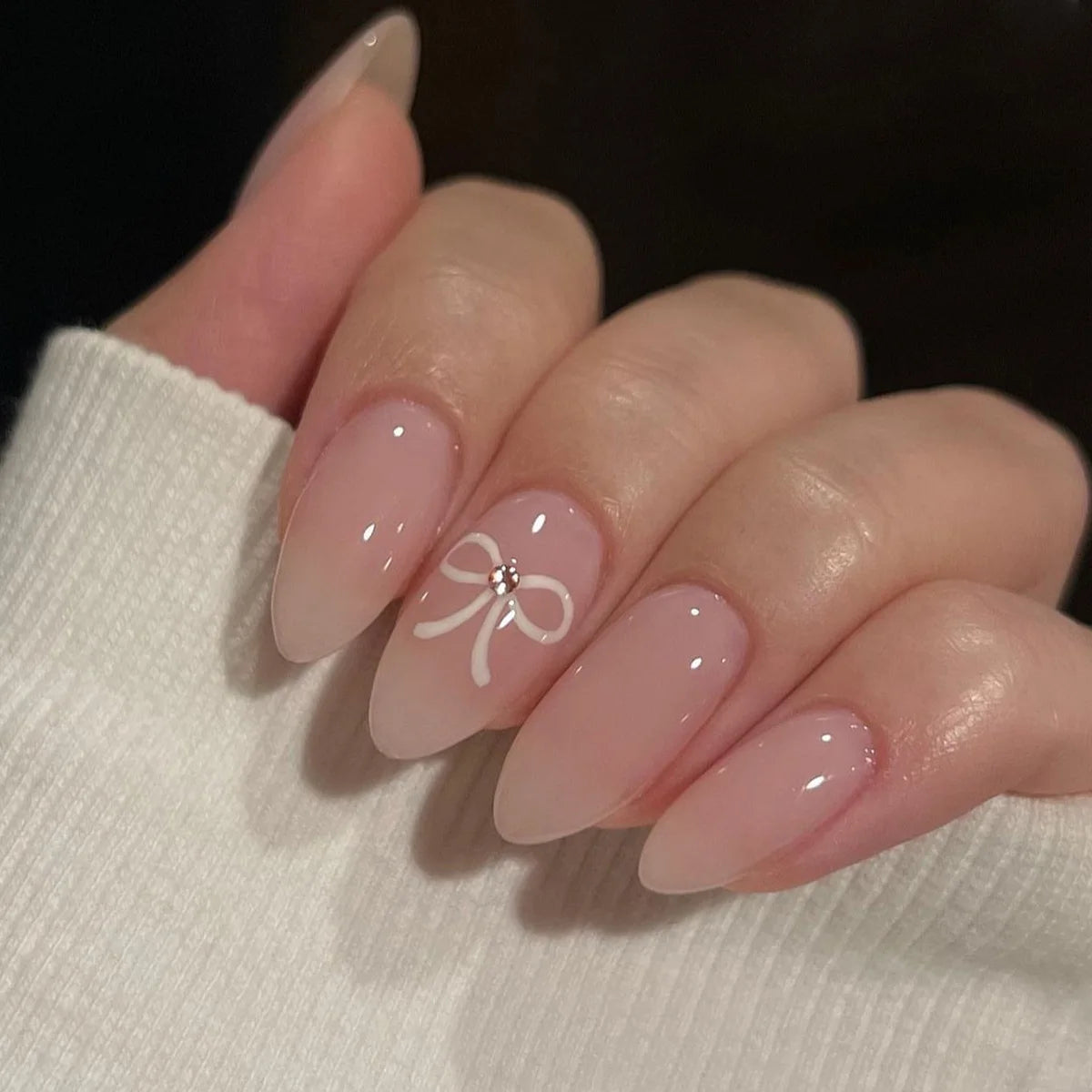 24pcs Wearable Bow Design Press on Nails Simple Pearl Starlight Short Almond False Nails Tips Finished Cat's Eye Fake Nail Sets