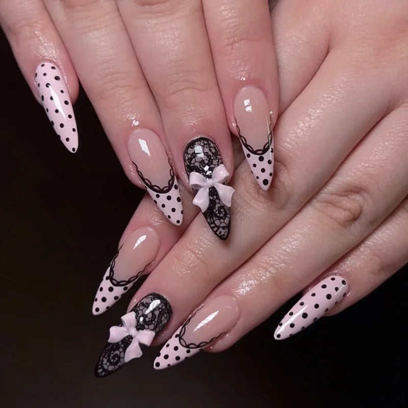 24pcs Sweet False Nail Patches Detachable Fake Nail Tips With Bowknots Love Heart Pearl Design Pink Almond Korean Press On Nail