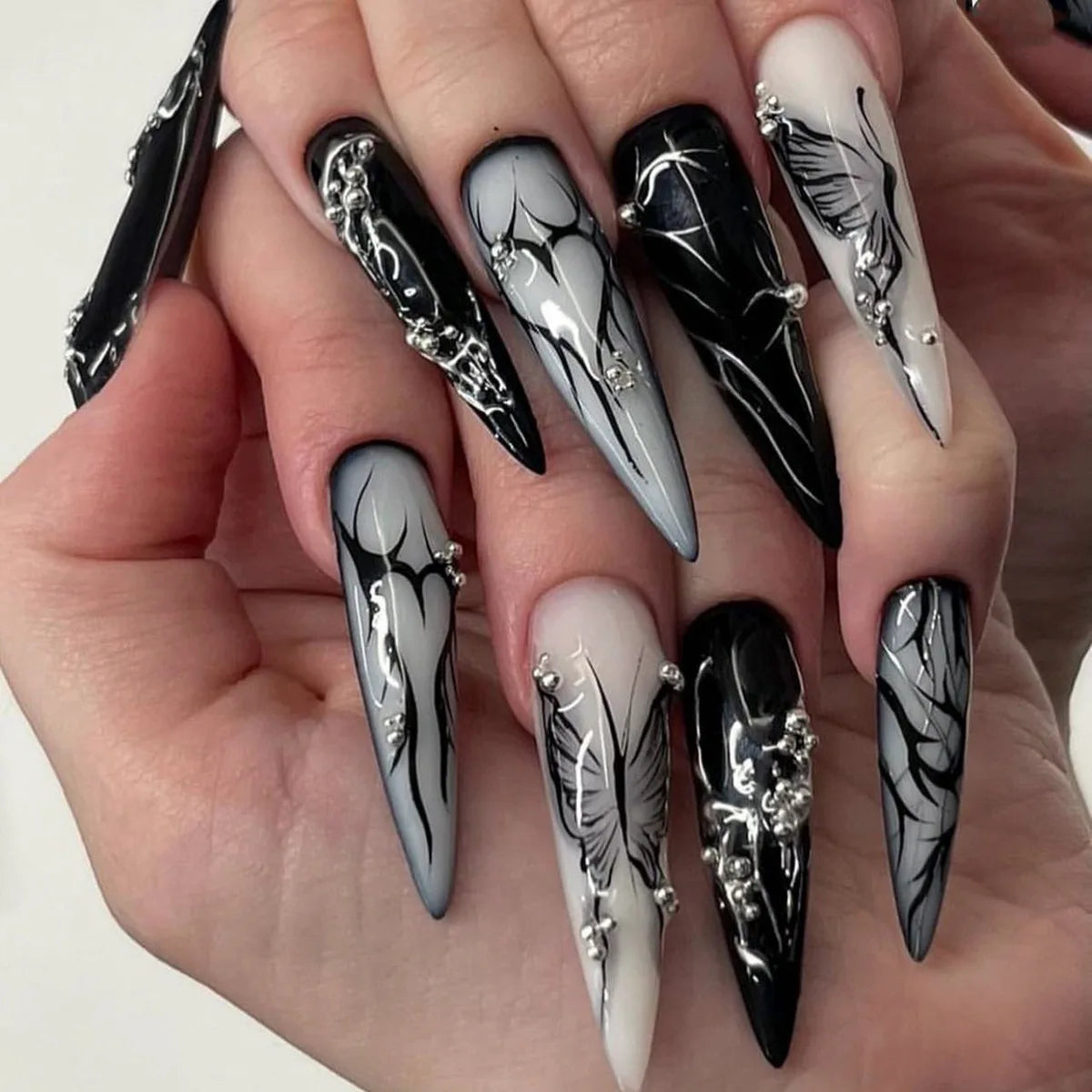 24PCS Black Glitter Press-On Nails – 3D Metallic Almond Reusable Nails