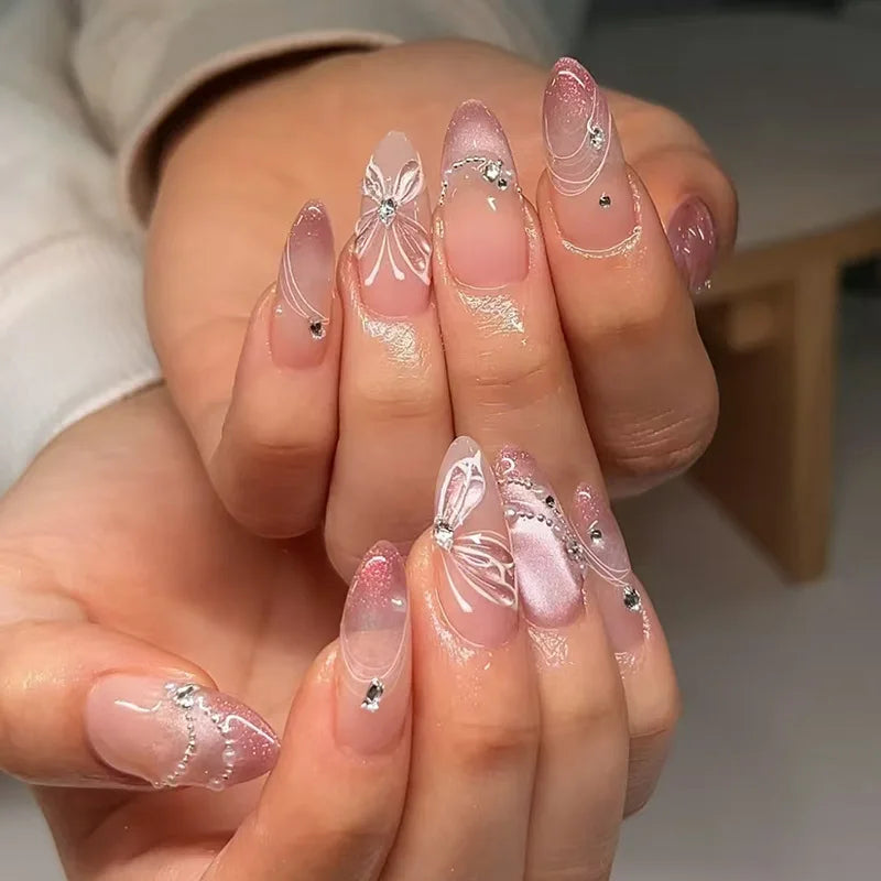 24pcs Wearable Bow Design Press on Nails Simple Pearl Starlight Short Almond False Nails Tips Finished Cat's Eye Fake Nail Sets