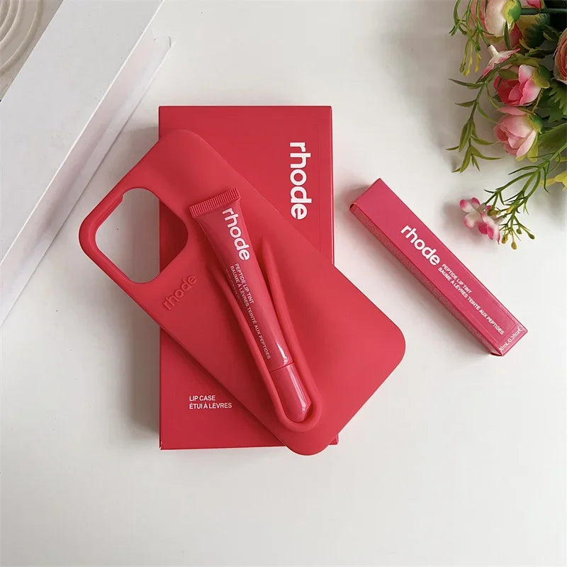 With Box Lipstick Rhod Phone Case for iPhone 16 17 Air 15 14 13 12 11 Pro Max 6 7 8 Plus Makeup Lip Gloss Holder Silicone Cover