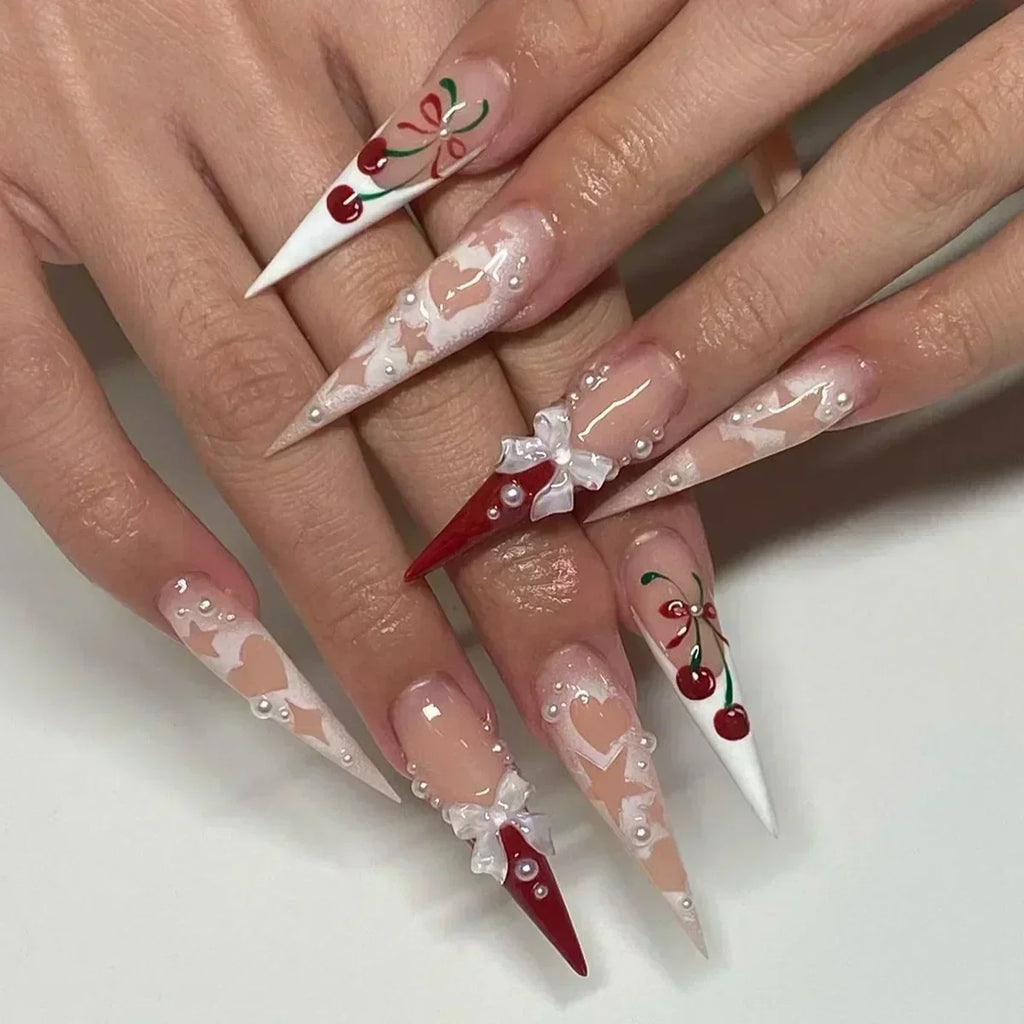 24Pcs French Almond False Nails Glitter with Rhinestones Wearable Fake Nails Artificial Simple Full Cover Press on Nails Tips