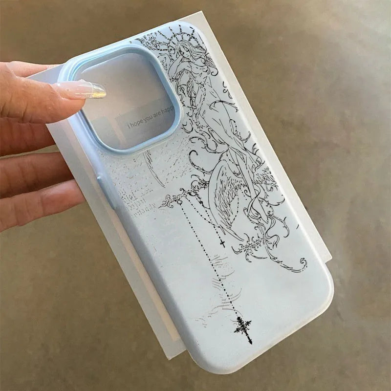 Gothic Style Angel Cross Line Drawing Phone Case For iPhone 11 12 13 14 15 16 17 Pro Max XS X XR 16E 17Pro 17Air 7 8 Plus Cover