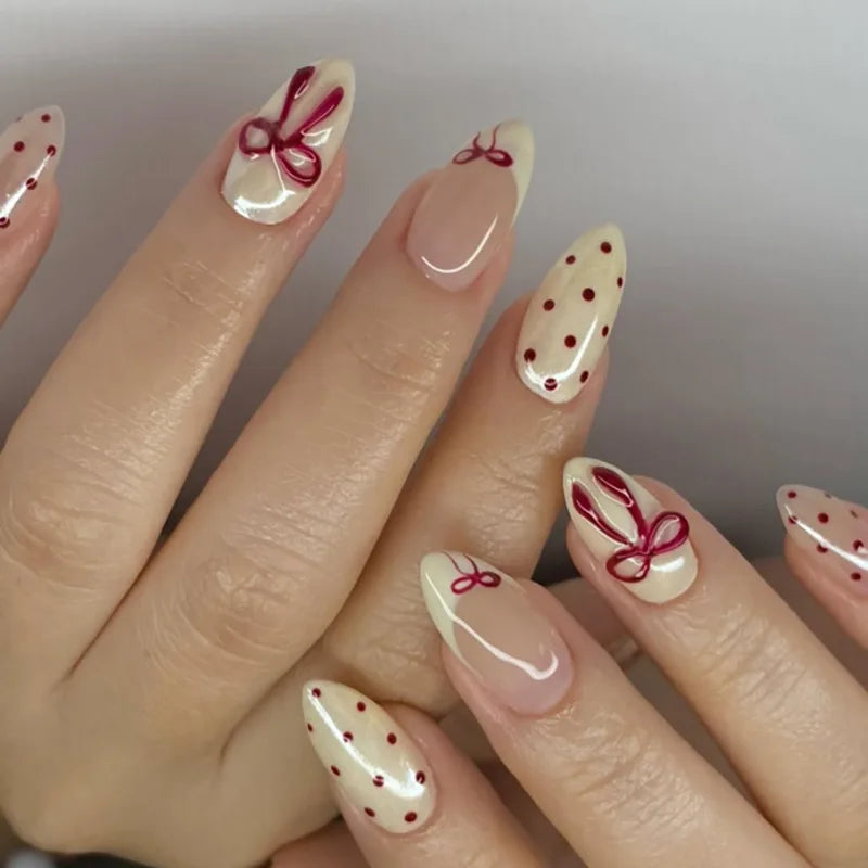 24pcs Sweet False Nail Patches Detachable Fake Nail Tips With Bowknots Love Heart Pearl Design Pink Almond Korean Press On Nail