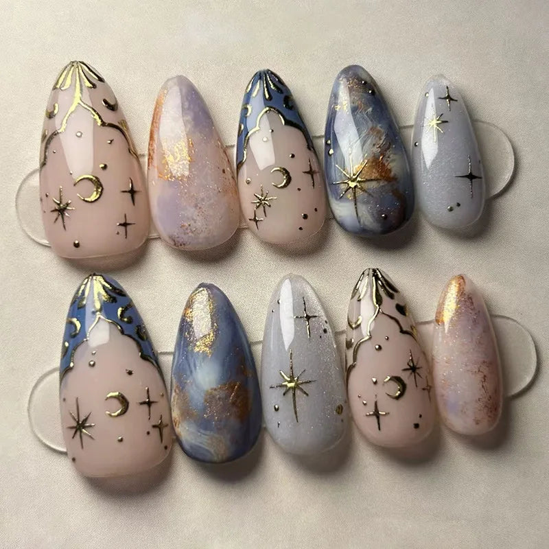 24Pcs French Almond False Nails Glitter with Rhinestones Wearable Fake Nails Artificial Simple Full Cover Press on Nails Tips