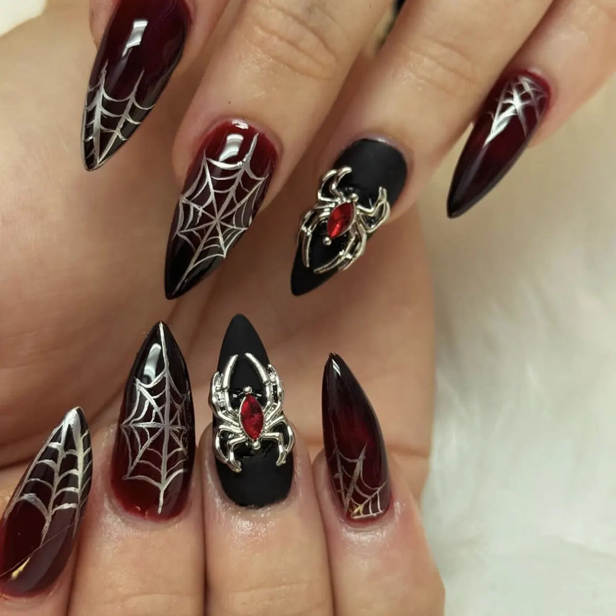 24Pcs Dark Press on Fake Nails with Black Glitter 3D Metallic Designs Sweet Cool Almond False Nails Detachable Nails Spice Girls
