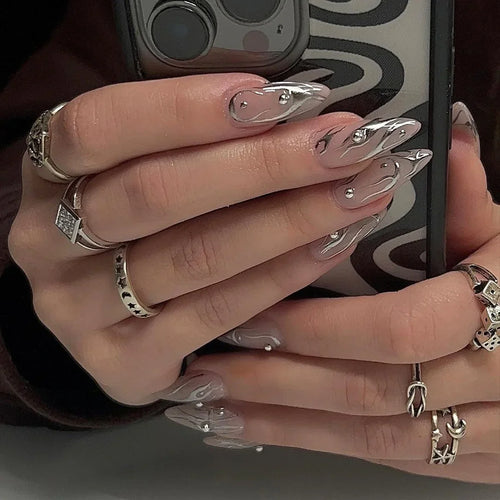 24PCS French Almond Press-On Nails – Glitter & Rhinestone Reusable Nails