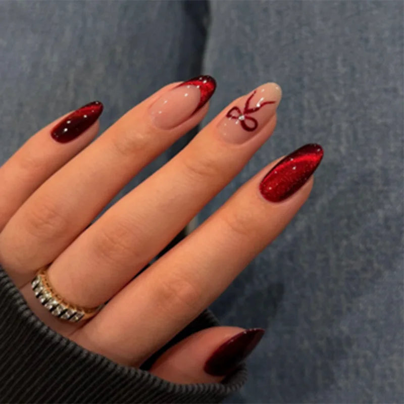 24pcs Wearable Bow Design Press on Nails Simple Pearl Starlight Short Almond False Nails Tips Finished Cat's Eye Fake Nail Sets