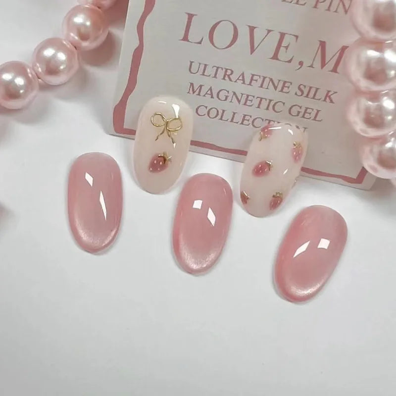 24pcs Wearable Bow Design Press on Nails Simple Pearl Starlight Short Almond False Nails Tips Finished Cat's Eye Fake Nail Sets