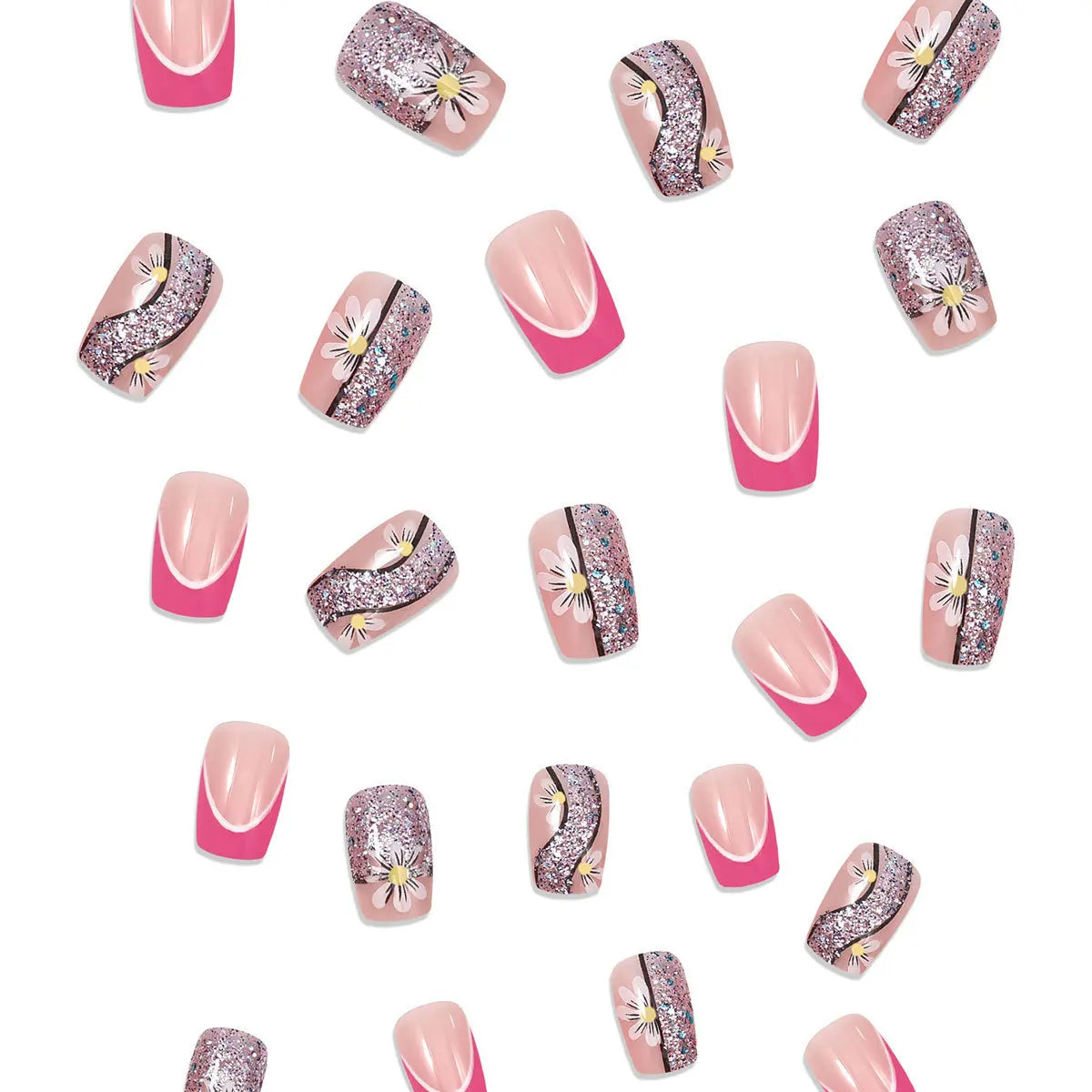 24pcs/set short saure fake nails for Spring summer season french style flowers butterfly design press on false nail art tips