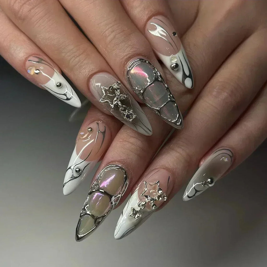 24Pcs French Almond False Nails Glitter with Rhinestones Wearable Fake Nails Artificial Simple Full Cover Press on Nails Tips