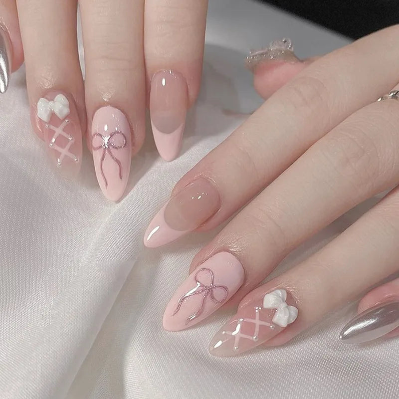 24pcs Wearable Bow Design Press on Nails Simple Pearl Starlight Short Almond False Nails Tips Finished Cat's Eye Fake Nail Sets