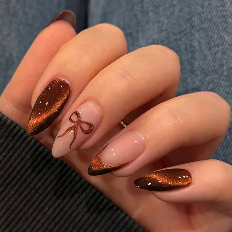24pcs Wearable Bow Design Press on Nails Simple Pearl Starlight Short Almond False Nails Tips Finished Cat's Eye Fake Nail Sets