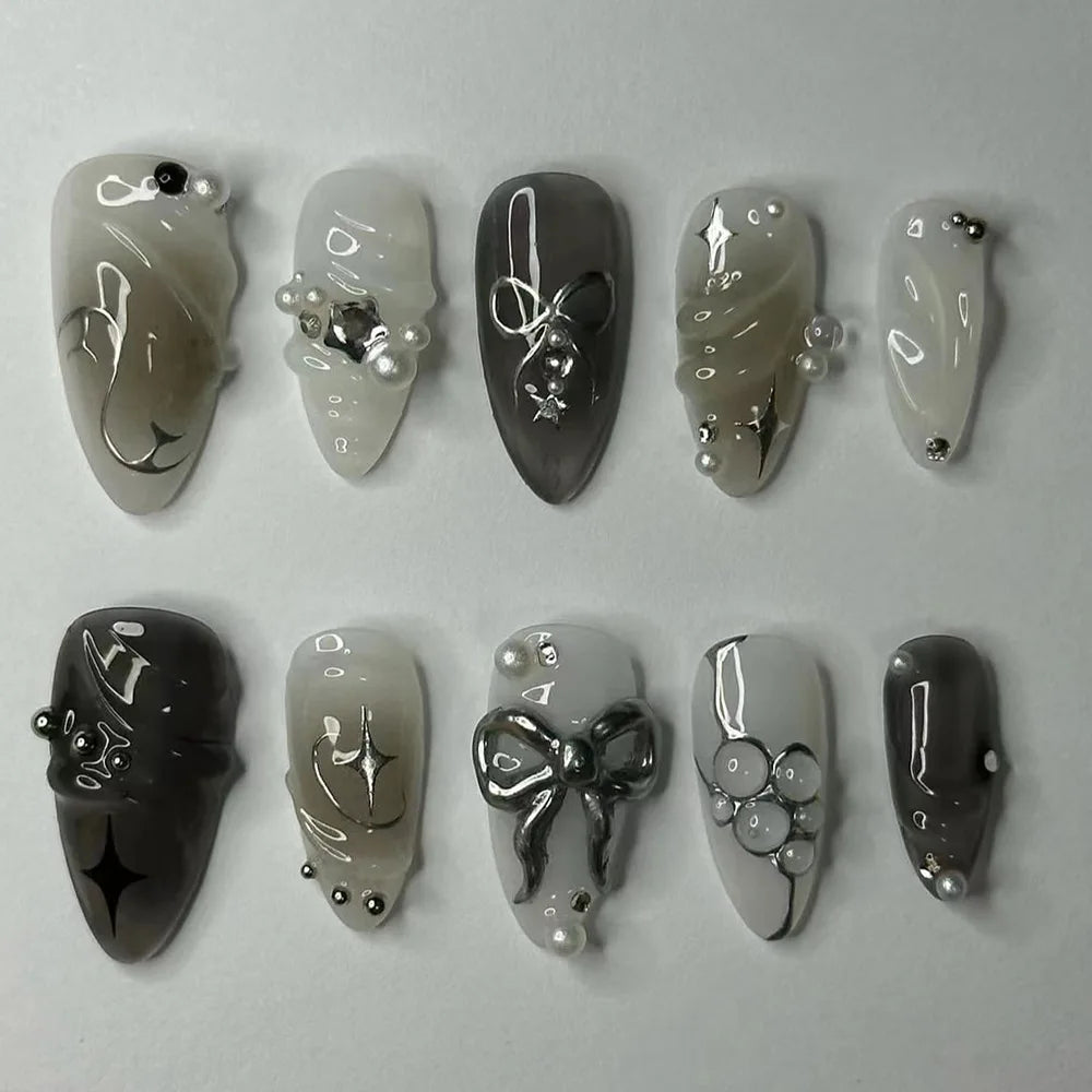 24PCS Black Glitter Press-On Nails – 3D Metallic Almond Reusable Nails