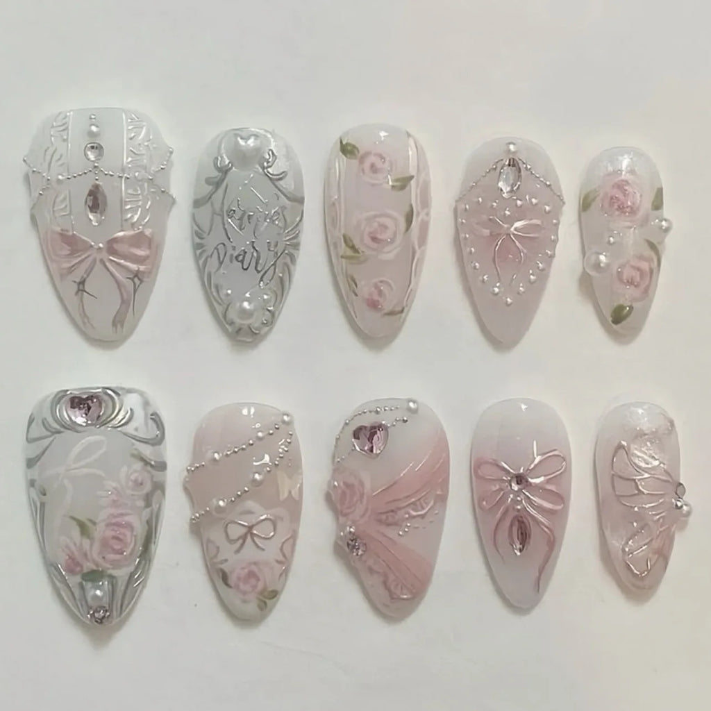 24pcs Sweet False Nail Patches Detachable Fake Nail Tips With Bowknots Love Heart Pearl Design Pink Almond Korean Press On Nail